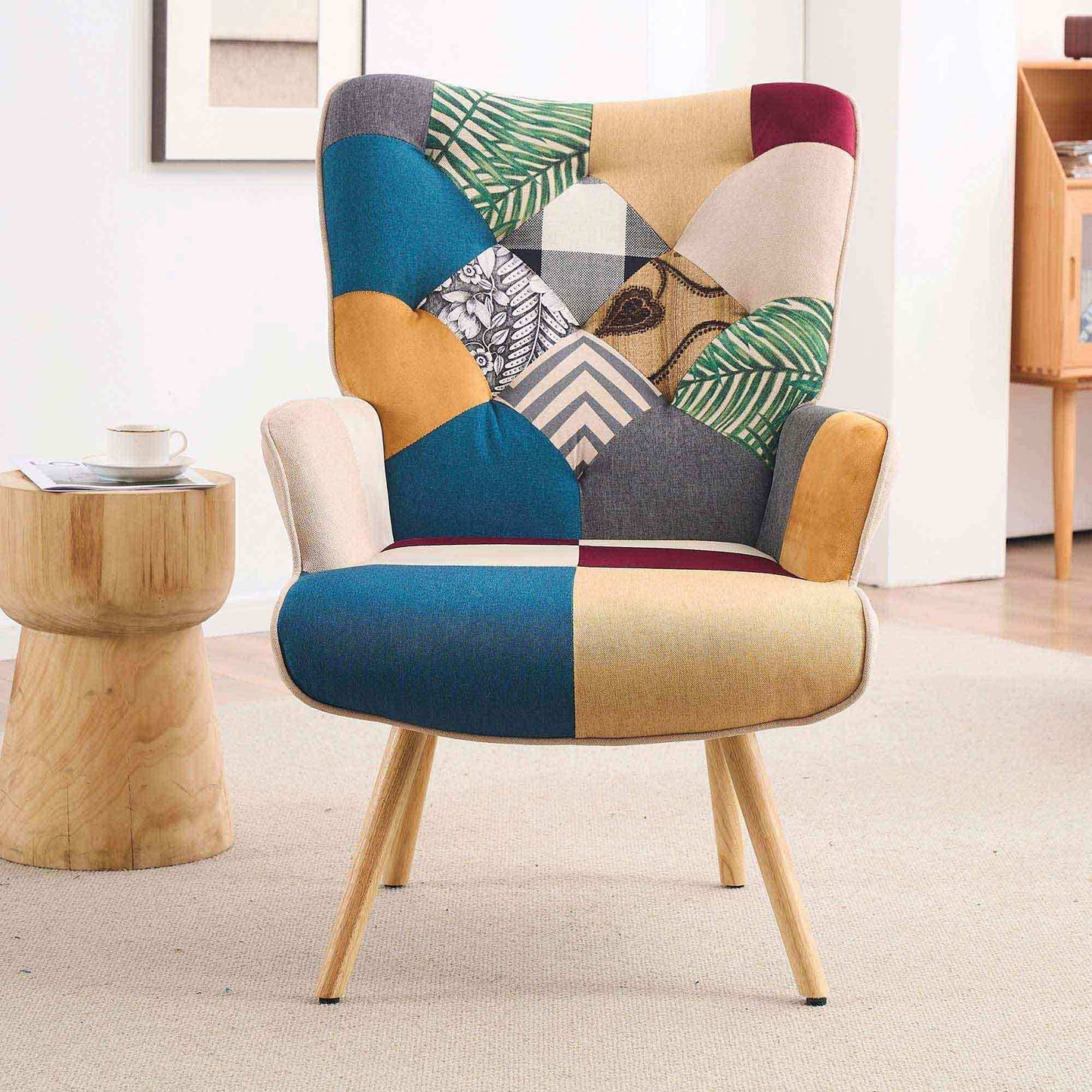 Patchwork Accent Chair High Back Armchair with Memory Foam Cushion & Hardwood Legs – 330 lbs Capacity Linen Upholstered Reading Chair for Living Room Bedroom Home Office, 6 Colors