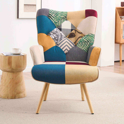 Patchwork Accent Chair High Back Armchair with Memory Foam Cushion & Hardwood Legs – 330 lbs Capacity Linen Upholstered Reading Chair for Living Room Bedroom Home Office, 6 Colors