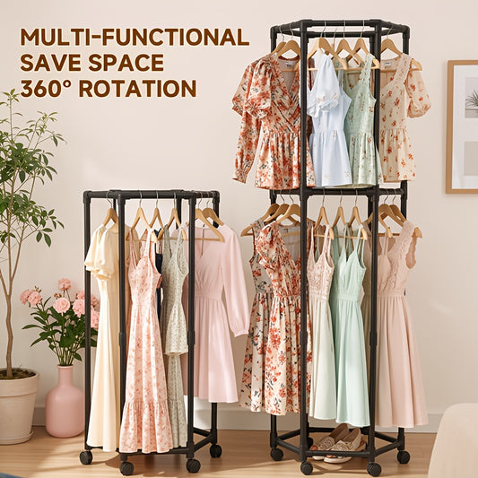 Rotating Clothing Rack with Wheels, Heavy Duty Metal Garment Rack for Hanging Clothes, Multifunctional Rotating Clothing Organizer, Freestanding Closet Organizer for Bedroom, Laundry Room, Space Saving Closet Storage for Coats, Dresses, Pants