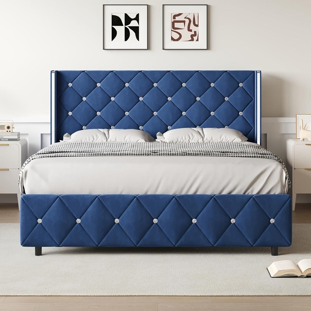 Diamond Tufted Bed Frame with Wingback Headboard & Silvery Side Wings – Upholstered, No Box Spring, Twin Full Queen King, 6 Colors