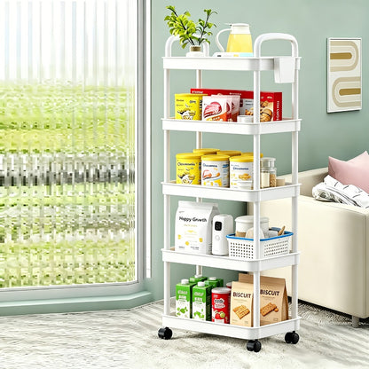 Rolling Utility Cart with Handle & Wheels, 3 4 or 5 Tier Plastic Storage Trolley for Office Kitchen Living Room Bathroom, Movable Multi-Functional Organizer Cart, White & Black