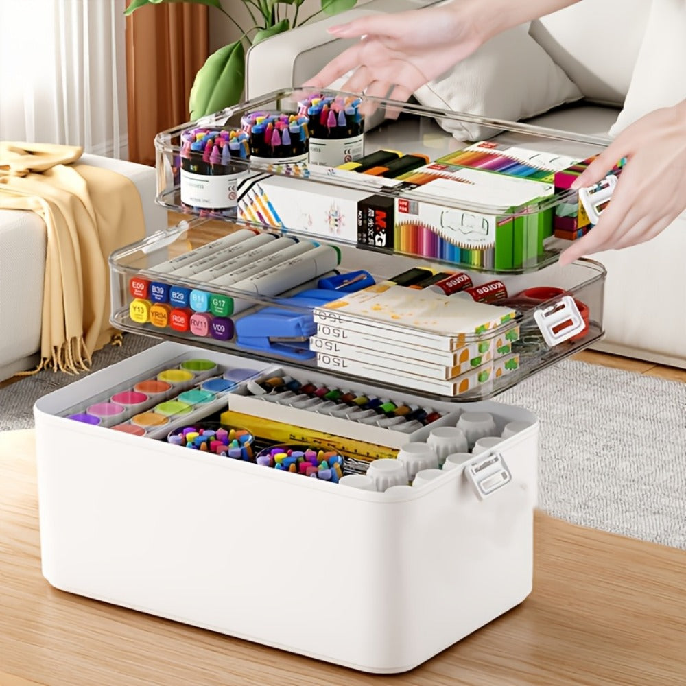 Large Capacity Multi-Layer Transparent Storage Box with Handle, Portable Durable Organizer for Medicine, Office Supplies, Sewing, Bathroom & Travel, Easy to Clean