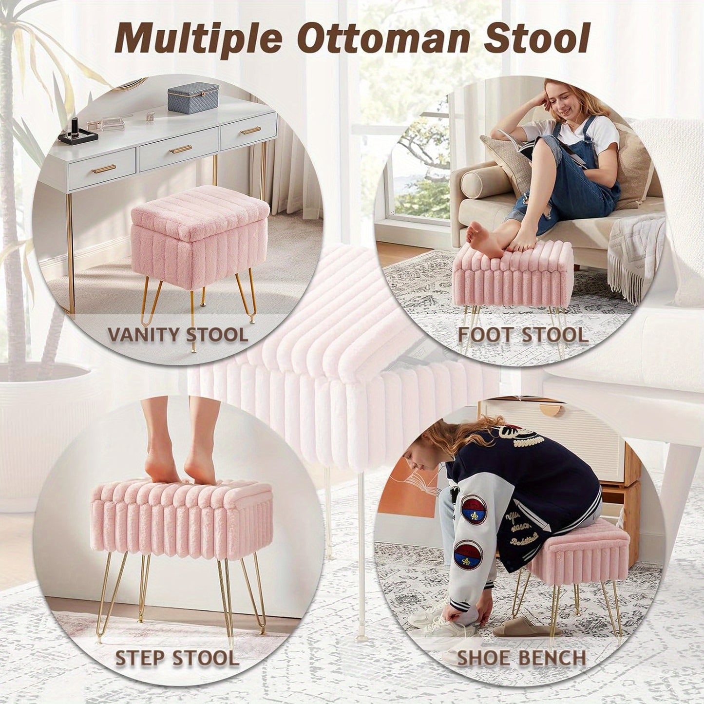 Vanity Storage Ottoman Chair | Makeup Vanity Chair with Metal Legs & Soft Faux Fur Surface, Flip Top Foot Rest with Soft Padded Seat for Bedroom Living Room, Ideal for Moms' Boudoir Glam Station & Bedroom Luxury Organization