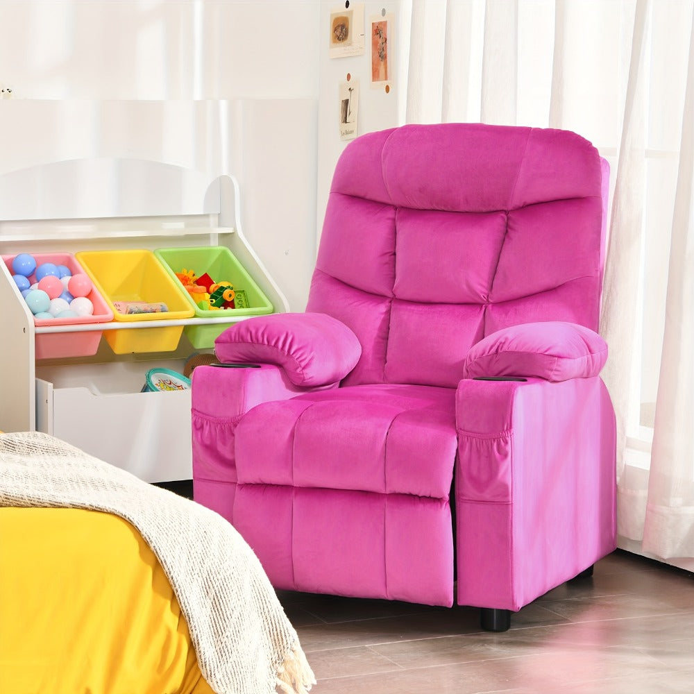 Girls' Pink Velvet Recliner Chair with Cup Holder & Storage Pocket - Heavy-Duty 300lb Capacity, Ergonomic Backrest & Armrests, Manual Recliner with Safety Belt - Modern Soft Cushioned Lounge Chair for Kids & Teens, Easy Assembly, Ideal for Bedroom, Living
