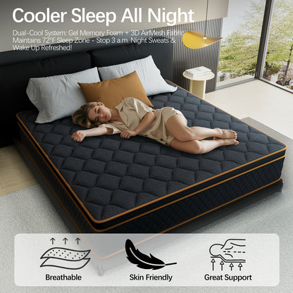 Hybrid Pocket Coil Memory Foam Mattress, 4/10/12/14 Inch Cooling Gel Layer, Twin Full Queen King Sizes, Medium Firm Pressure Relief, Motion Isolation Roll Compressed Box Mattress