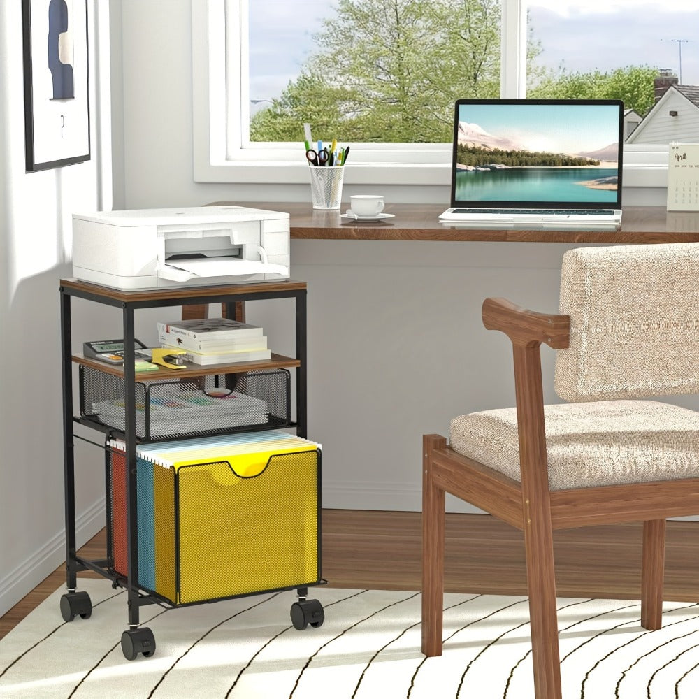 Rolling File Cart with Drawer for Hanging File Folders – Under Desk Office Cart with Paper Trays, Wood & Mesh 3-in-1 File Organizer, 14.8"L x 11.8"D x 27.7"H