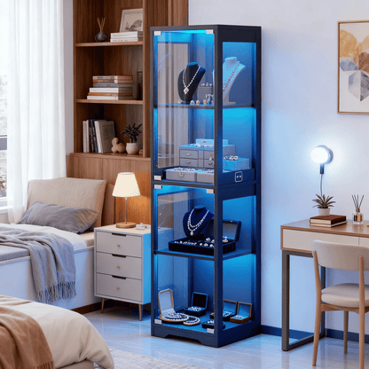 Single Door Glass Display Cabinet 4 Tier with 3 LED Lights Smart Motion Sensor Large Capacity Storage for Tableware Cups Wine Dining Room Living Room Black White