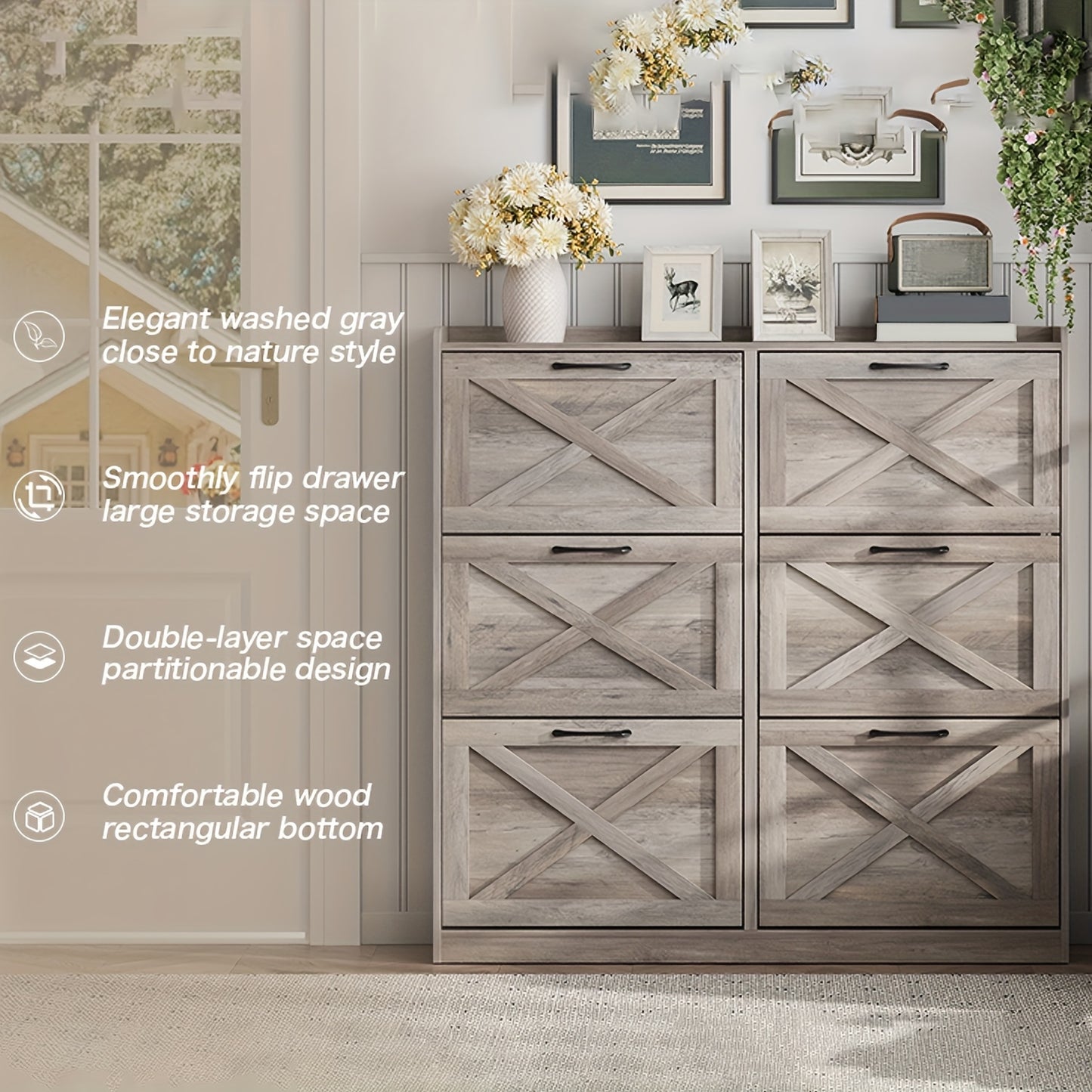 Washed Gray Shoe Storage Cabinet with 6 Flip Drawers | Narrow Freestanding Shoe Cabinet and Shoe Storage Organizer with Metal Handles for Entryway, Large Shoe Rack Organizer, Modern Farmhouse Style, Ideal for Shoe Racks, Made of Particle Board