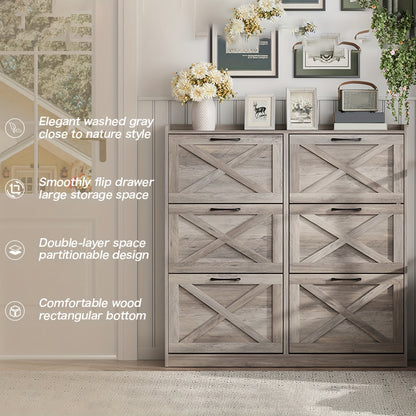 Washed Gray Shoe Storage Cabinet with 6 Flip Drawers | Narrow Freestanding Shoe Cabinet and Shoe Storage Organizer with Metal Handles for Entryway, Large Shoe Rack Organizer, Modern Farmhouse Style, Ideal for Shoe Racks, Made of Particle Board