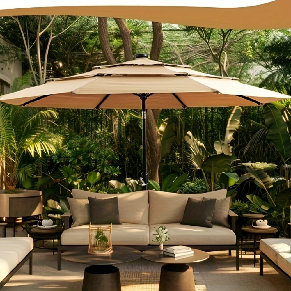3-Tier Vented Patio Umbrella 9ft 10ft 11ft with 8 Strong Ribs Push-Button Tilt, 180GSM Yarn-Dyed Fabric Market Table Umbrella for Patio Garden Pool Hotel Party – Burgundy & Navy Blue