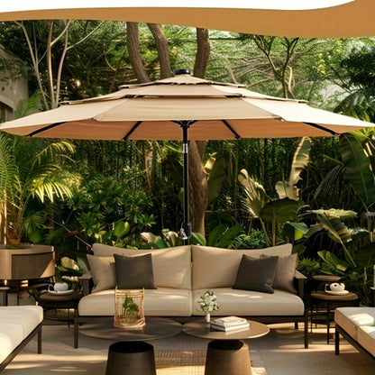 3-Tier Vented Patio Umbrella 9ft 10ft 11ft with 8 Strong Ribs Push-Button Tilt, 180GSM Yarn-Dyed Fabric Market Table Umbrella for Patio Garden Pool Hotel Party – Burgundy & Navy Blue