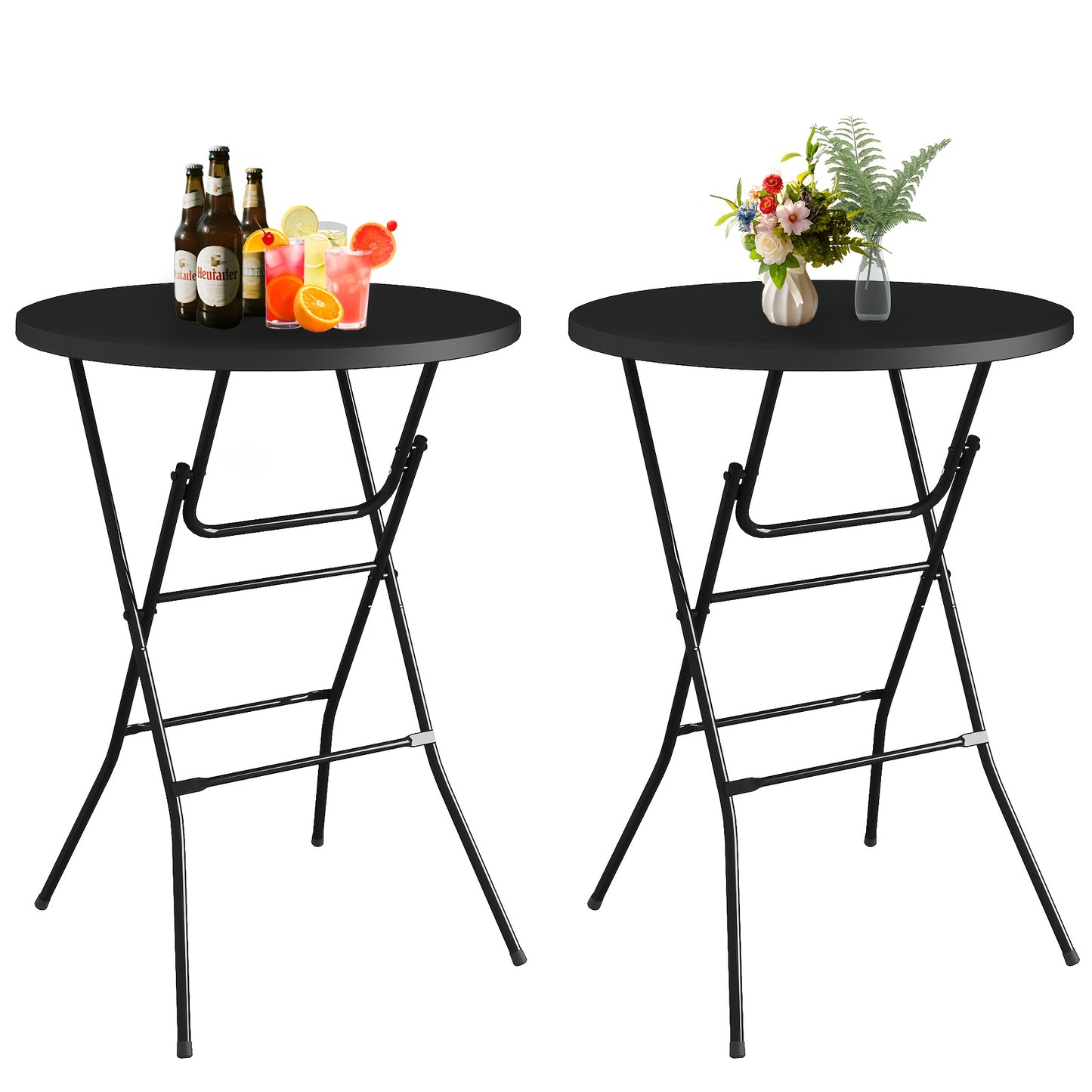 32" Round Folding Table, World Game-Day Ready, Portable Plastic Table, Suitable for Fiesta Night, Party, Camping, Patio Gatherings, Events, Bar Table, Featuring A Thickened Tabletop, Metal Frame, Locking Legs, Indoor/outdoor, 2pcs Set, White/Black