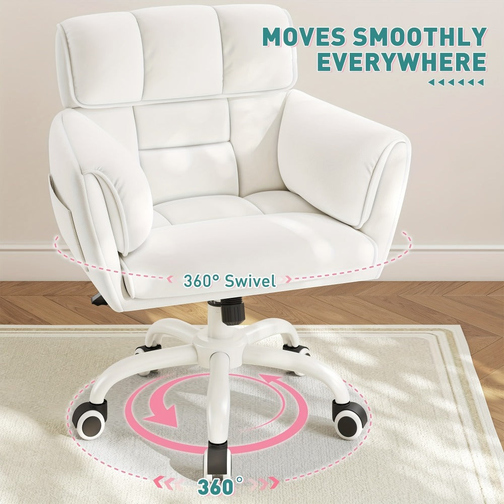 Vanity Chair for Bedroom with Mid-Back, Side Pockets & Wheels – Soft Upholstered Adjustable Height Swivel Desk Chair, Skin-Friendly Fluffy Fabric, White, Cream, Grey, Pink, Black