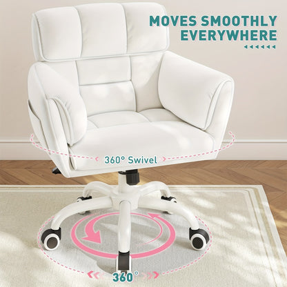 Vanity Chair for Bedroom with Mid-Back, Side Pockets & Wheels – Soft Upholstered Adjustable Height Swivel Desk Chair, Skin-Friendly Fluffy Fabric, White, Cream, Grey, Pink, Black