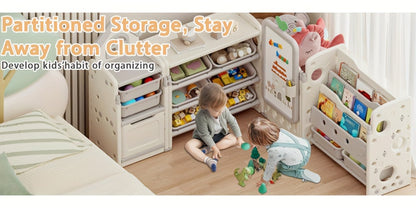 A Versatile Storage Solution for Featuring 10 Detachable Bins And a 3-Tier Bookshelf, Serving As a Multifunctional Organizer with a Drawing Board, Perfect for a Bedroom, Playroom, Or Living Area