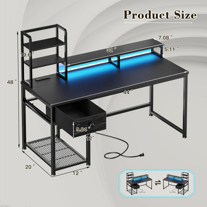 L-Shaped Computer Desk with Power Outlets and Storage Shelves, Corner Gaming Desk for Home Office Bedroom Dorm, Wood Metal Writing Study Desk with Monitor Stand in 3 Colors 4 Sizes