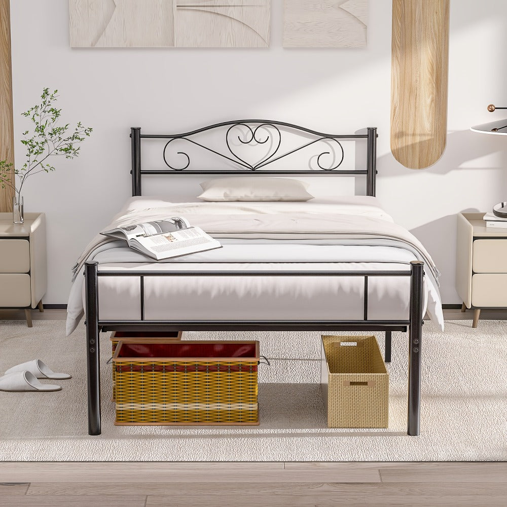 Metal Platform Bed Frame with Headboard and Footboard Steel Slat Support No Box Spring Needed Noise Free - Twin Full Queen Sizes for Bedroom Guest Room Dorm | Black White Gold Pink