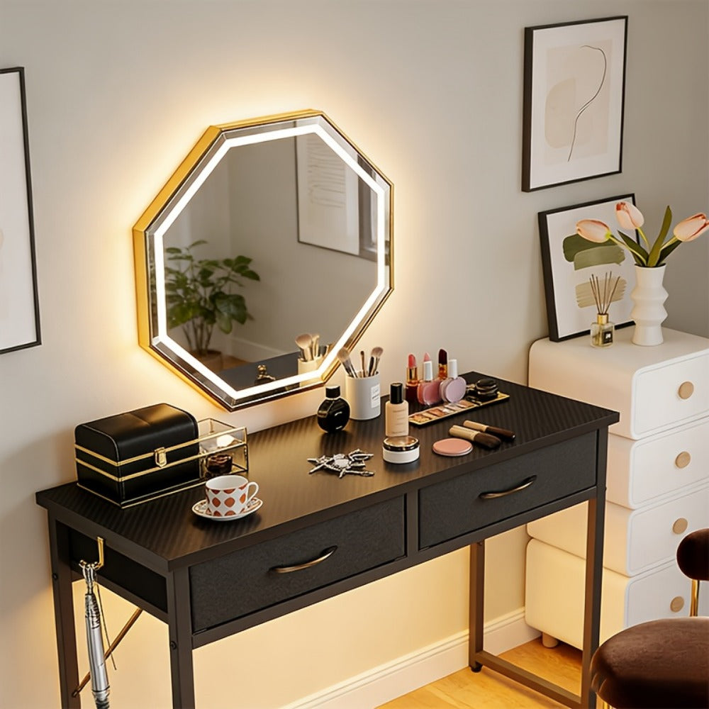 Vanity Desk with Lights & Drawers – Small Makeup Dressing Table with LED Mirror Light, Fiber Drawers for Bedroom Home Study, 32" & 42" White & Black