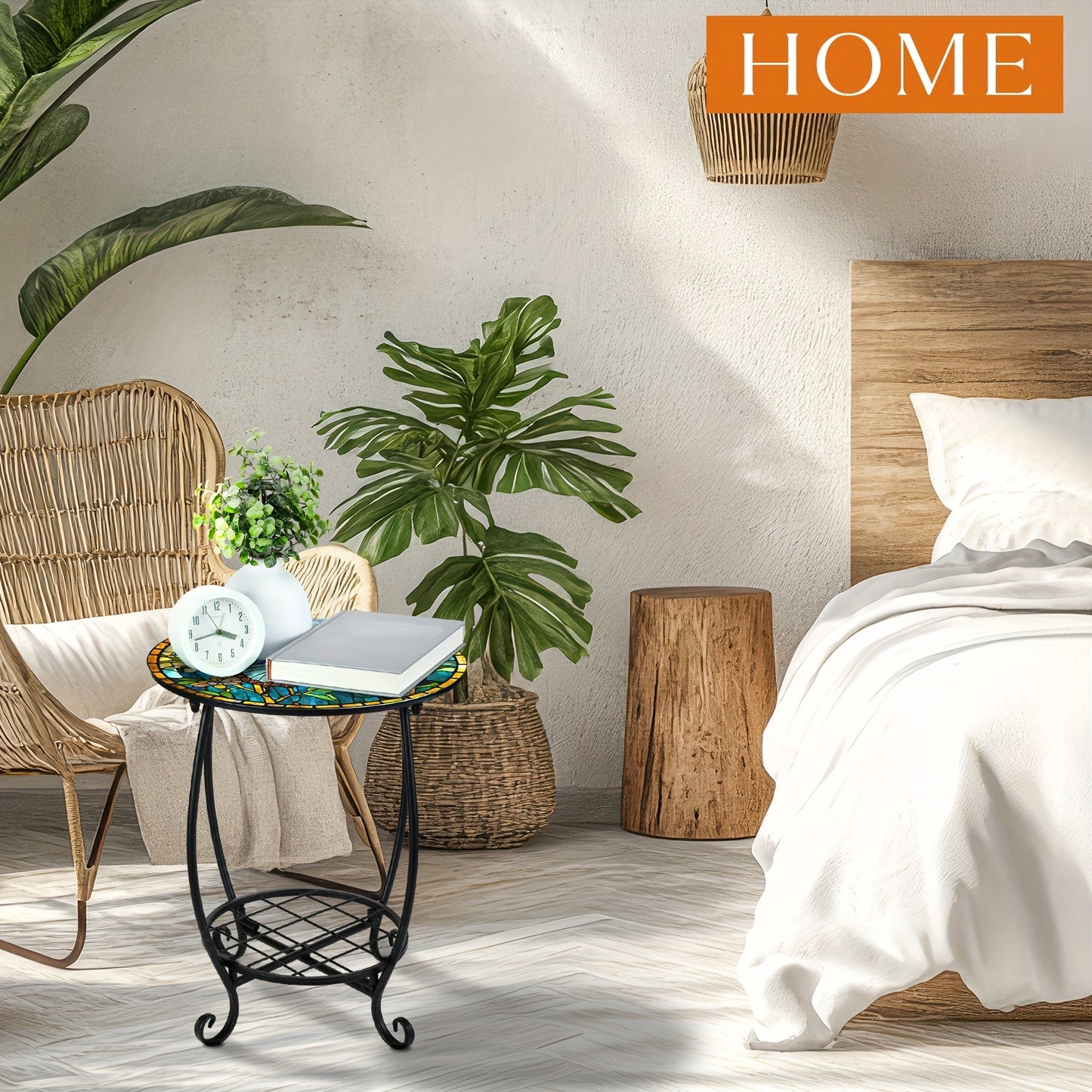 Outdoor Side Table - Round Mosaic Design, Perfect for Patios, Porches, Gardens, Living Rooms, And Bedrooms - Space-saving Modern Indoor/ Outdoor Furniture, Outdoor Patio Furniture, Garden Accessories