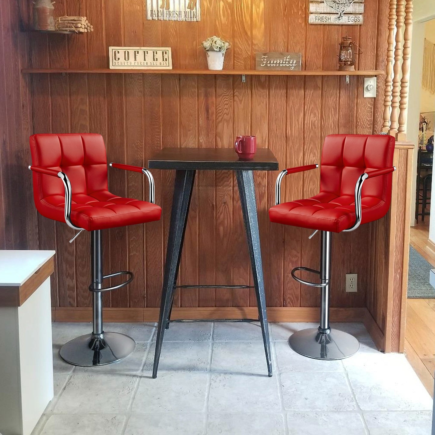 Costoffs 2pcs PU Leather Bar Stools Adjustable Swivel Stools Kitchen Chairs with Large Steel Base, Backrests & Footrest for Dining Room, Kitchen Island, Home Bar Counter, Christmas Gift