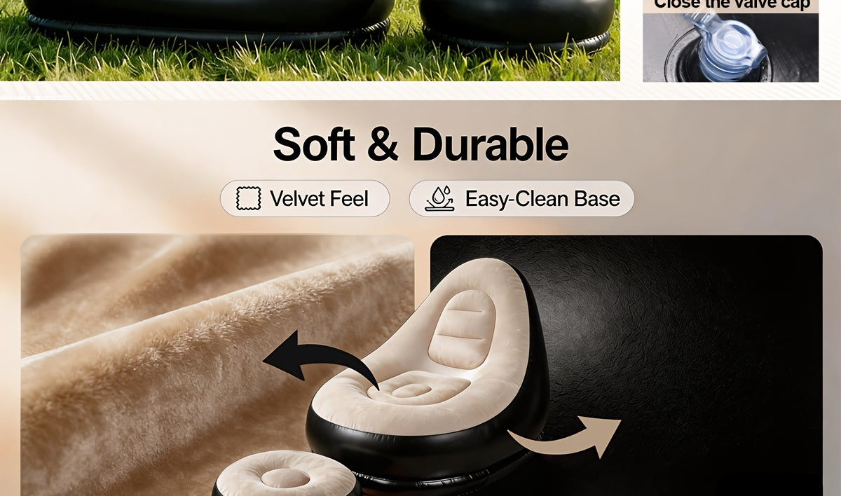 Adult Inflatable Deck Chairs Recliner with Foot Stool Inflatable Patio Lounge Sofa with Foot Pump Heavy-Duty Portable Folding Air Couch Ultra Lounge Space-Saving Indoor/Outdoor Lounge Chair for Living Room Camping Travel Balcony-Easy Setup & Storage