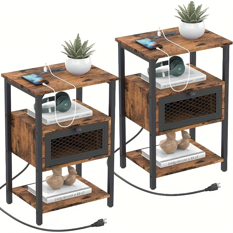 [Nightstands With Charging] A Pair of Nightstands Featuring a Charging Station, Ideal for Bedrooms Or Living Rooms. These Modern Side Tables Come with Storage Drawers And Include USB Ports And Outlets, Perfect for Small Farmhouse Spaces