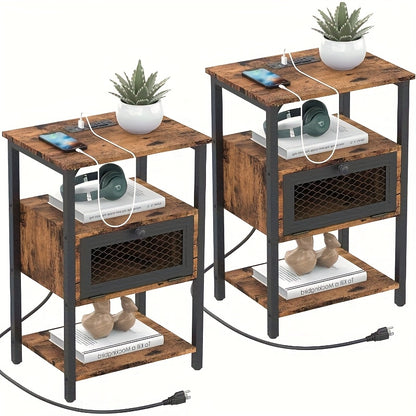 [Nightstands With Charging] A Pair of Nightstands Featuring a Charging Station, Ideal for Bedrooms Or Living Rooms. These Modern Side Tables Come with Storage Drawers And Include USB Ports And Outlets, Perfect for Small Farmhouse Spaces