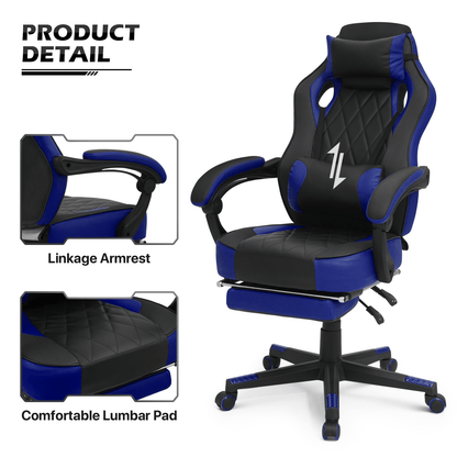 Ergonomic Gaming Chair with Retractable Footrest & Detachable Lumbar Support 360 Degree Swivel Racing Style PU Leather Computer Gaming Chair with Headrest for Home Bedroom Office
