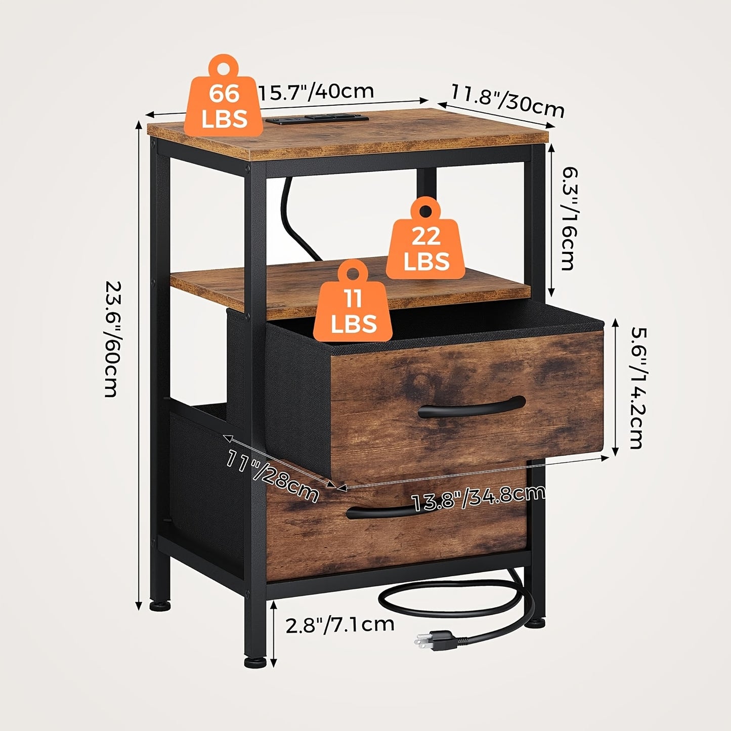 1/ 2P Bedside Table with Quick Charge USB/ Type-C Ports - Space Saving Floating Nightstand with 2 Adjustable Drawers& Built-in Socket, Ideal for Modern Bedrooms