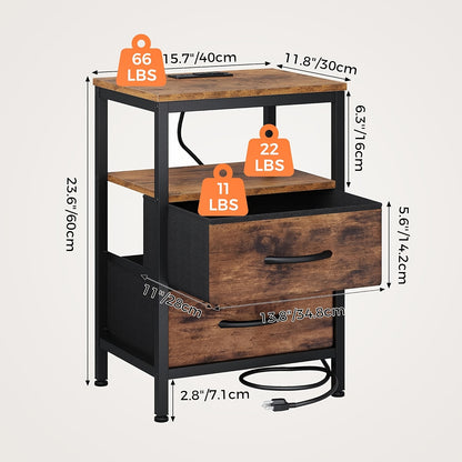 1/ 2P Bedside Table with Quick Charge USB/ Type-C Ports - Space Saving Floating Nightstand with 2 Adjustable Drawers& Built-in Socket, Ideal for Modern Bedrooms