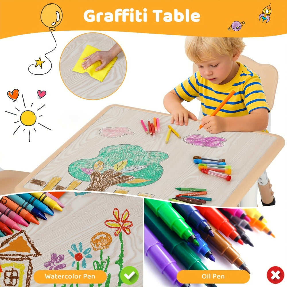 Kids Adjustable Height Table & Chair Set – Non-Slip Legs, Easy-Clean Surface, 23.6"x23.6" Plastic Construction, for Home & Daycare, Boys & Girls, Yellow or Grey
