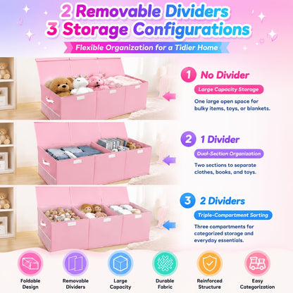 Extra Large Collapsible Storage Bin- Sturdy Organizer with Mesh Pockets, 40"x14"x16"- Pink Foldable Box Storage for Girls Storage Box for Home& Play Spaces