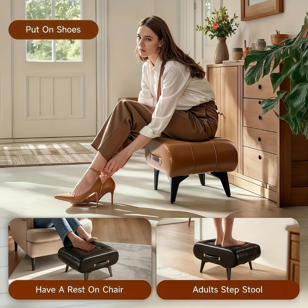 Faux Leather Ottoman Footstool, Small Square Accent Stool with Wooden Frame & Metal Legs for Living Room Entryway Bedroom Office, Retro Modern Shoe Changing Bench – Blue Brown Black Grey Green