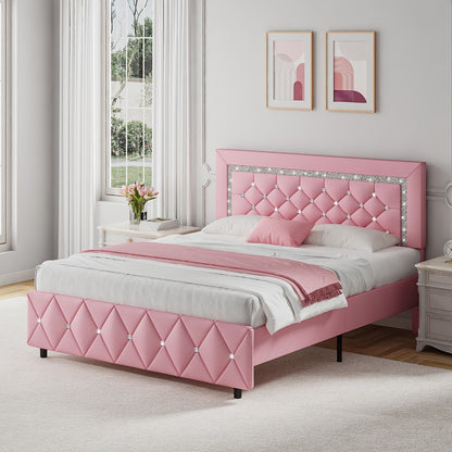 Upholstered Platform Bed Frame with Button-Tufted Diamond Headboard – Wooden Slats, No Box Spring Needed, Twin Full Queen King, Black White Pink Green Gray Beige