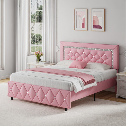 Upholstered Platform Bed Frame with Button-Tufted Diamond Headboard – Wooden Slats, No Box Spring Needed, Twin Full Queen King, Black White Pink Green Gray Beige
