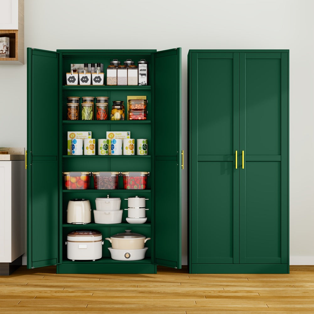 Metal Storage Pantry Cabinet 75" with Two Doors | Tall Freestanding Kitchen Storage Cabinet for Pantry, Garage, Laundry Room & Office | Adjustable Shelves | White, Black or Green
