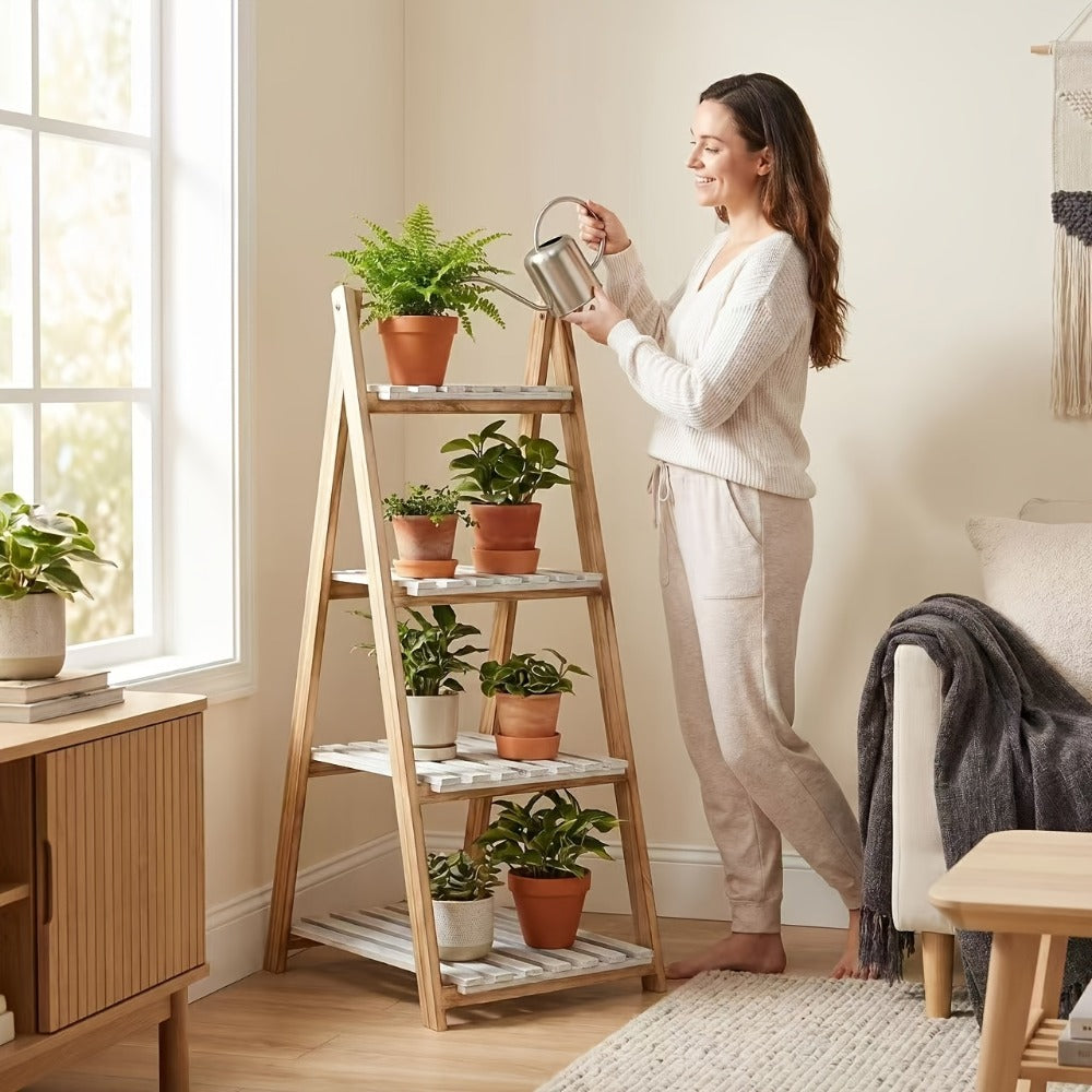 4-Tier Ladder Shelf, Wooden Plant Shelves, Ladder Bookshelf, Rustic Flower Display Rack, Wooden Display Shelves Plant Stand, Indoor Ladder Shelf For Living Room, Office, Bedroom