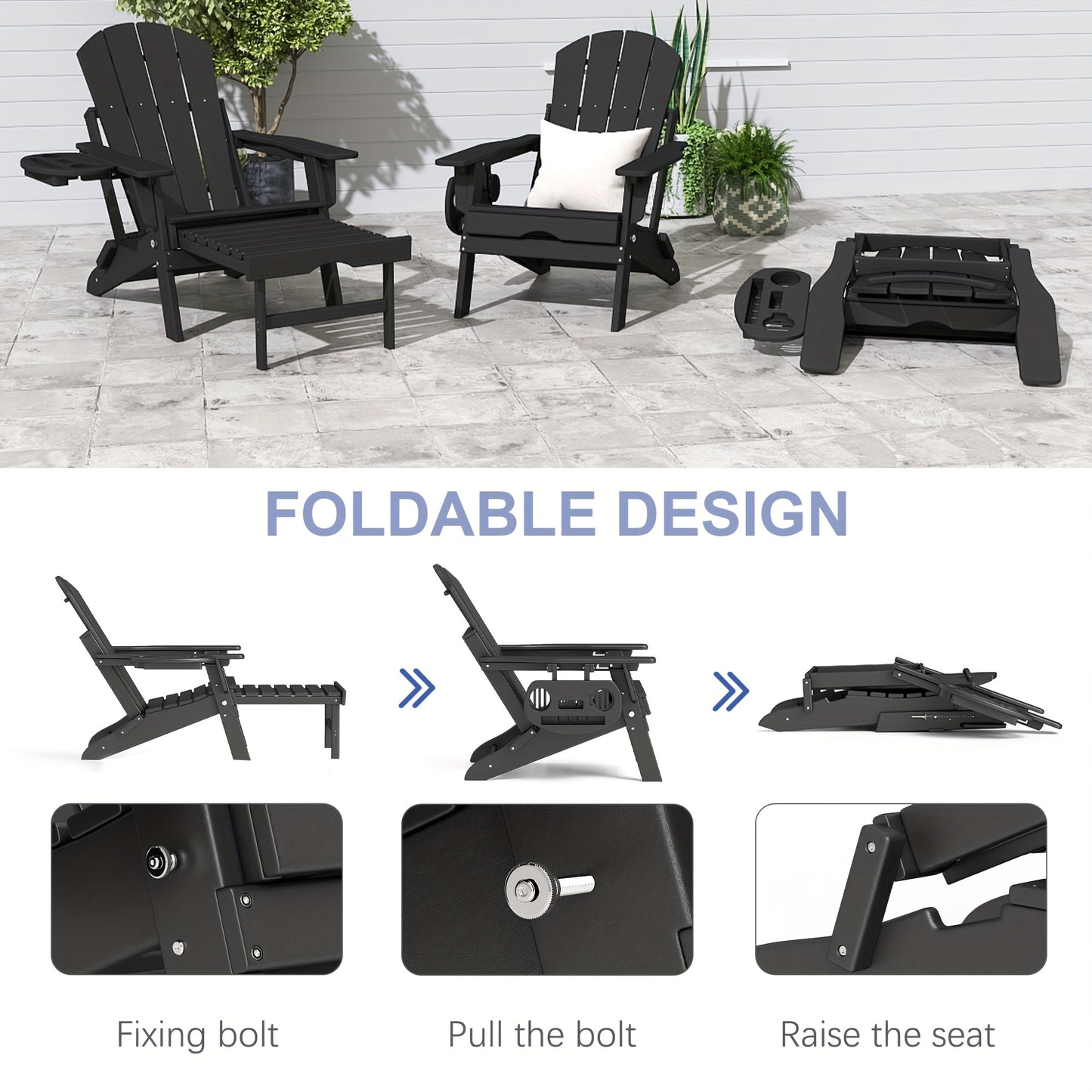 FOOWIN HDPE Adirondack Chair with Ottoman, Adjustable Backrest Adirondack Chair W/4in 1 Cup Holder Trays, All-Weather Resistant Adirondack Chairs for Outdoor, Patio, Lawn, Garden