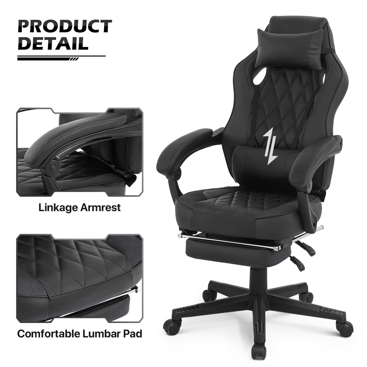 Ergonomic Gaming Chair with Retractable Footrest & Detachable Lumbar Support 360 Degree Swivel Racing Style PU Leather Computer Gaming Chair with Headrest for Home Bedroom Office