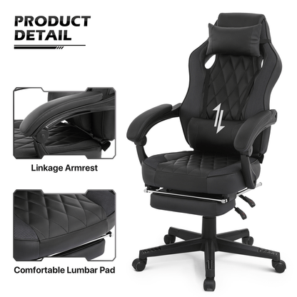 Ergonomic Gaming Chair with Retractable Footrest & Detachable Lumbar Support 360 Degree Swivel Racing Style PU Leather Computer Gaming Chair with Headrest for Home Bedroom Office