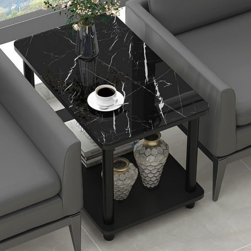 2-Tier Marble-Look Side Table Scratch-Resistant Top – Versatile Bedside Table & Coffee Table for Bedroom Balcony Living Room, White Black Brown