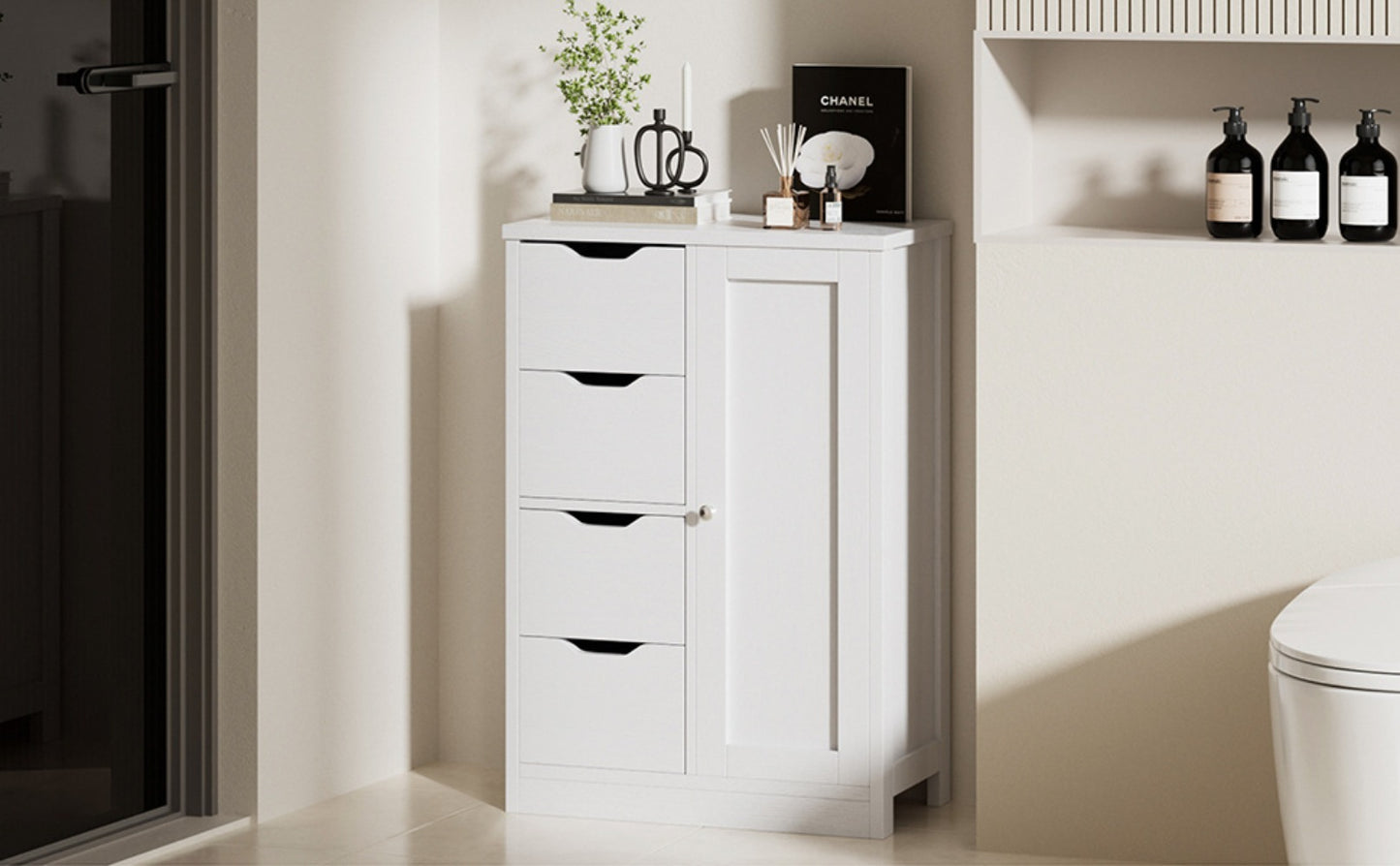 JAMFLY Wooden Bathroom Floor Cabinet, Side Storage Organizer Cabinet with 4 Drawers And 1 Cupboard, Freestanding Entryway Storage Unit Console Table, Home Decor Furniture