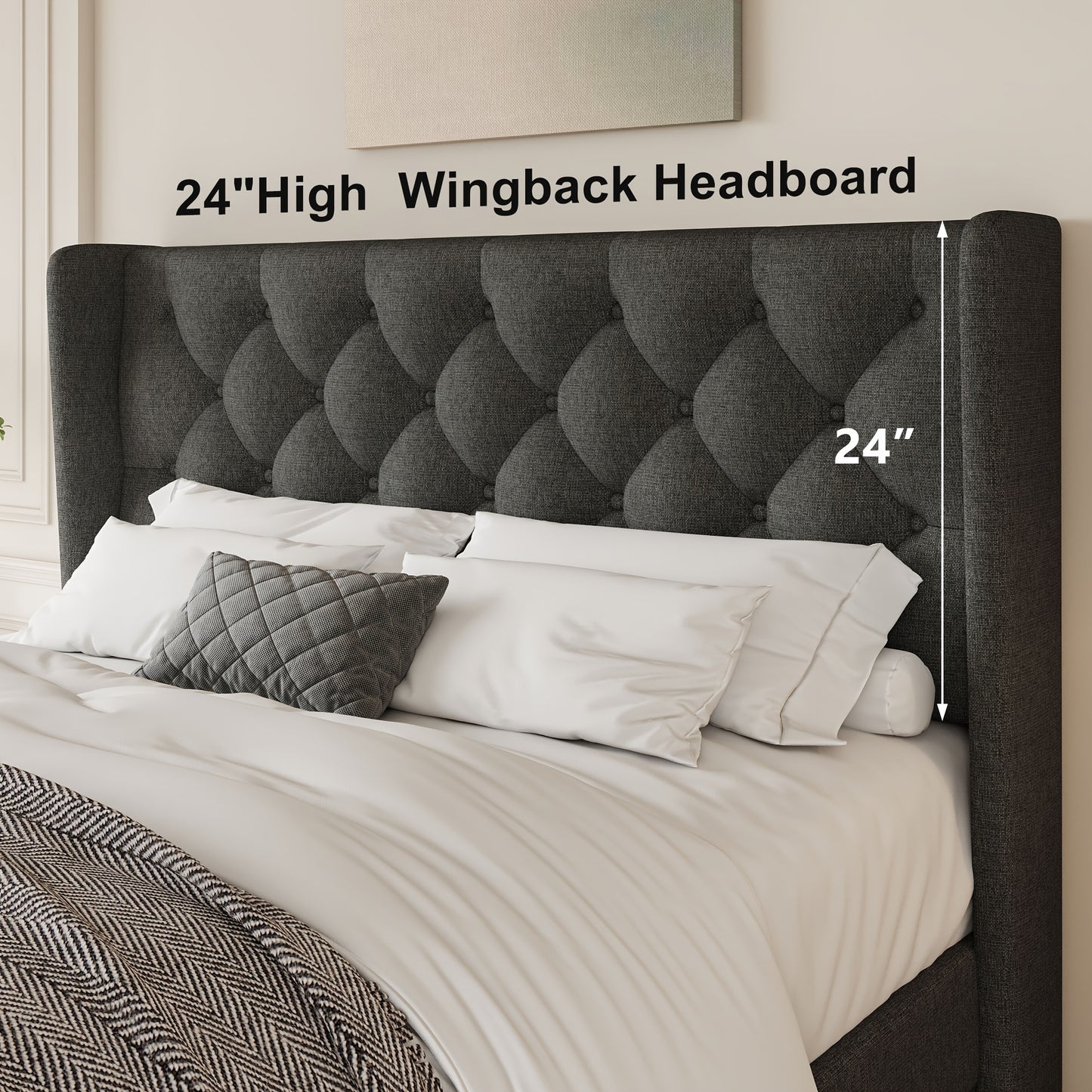Valnase Modern Style Platform Bed Frame with 24"H Button Tufted Headboard, Solid Wood Slats Support, Artistic Legs Design - Dark Grey/Light Grey/Black Linen & White Velvet Options, Bed Frame for Home Bedroom