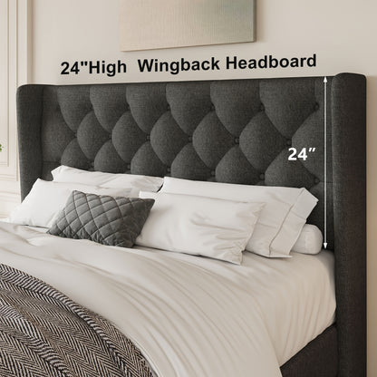 Valnase Modern Style Platform Bed Frame with 24"H Button Tufted Headboard, Solid Wood Slats Support, Artistic Legs Design - Dark Grey/Light Grey/Black Linen & White Velvet Options, Bed Frame for Home Bedroom