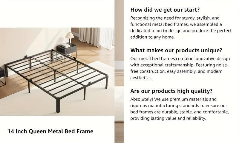14 Inch Black Metal Bed Frame, King/Queen/Full/Twin Upgraded Rounded Fan-shaped Legs, 4 Mattress Limiters, 3500LBS Heavy-duty Steel Bars, No Need for Springs, No Noise, Reinforced Large Storage Space Below, Not Including Headboard, Easy to Assemble
