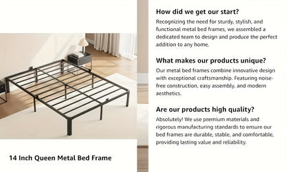 14 Inch Black Metal Bed Frame, King/Queen/Full/Twin Upgraded Rounded Fan-shaped Legs, 4 Mattress Limiters, 3500LBS Heavy-duty Steel Bars, No Need for Springs, No Noise, Reinforced Large Storage Space Below, Not Including Headboard, Easy to Assemble