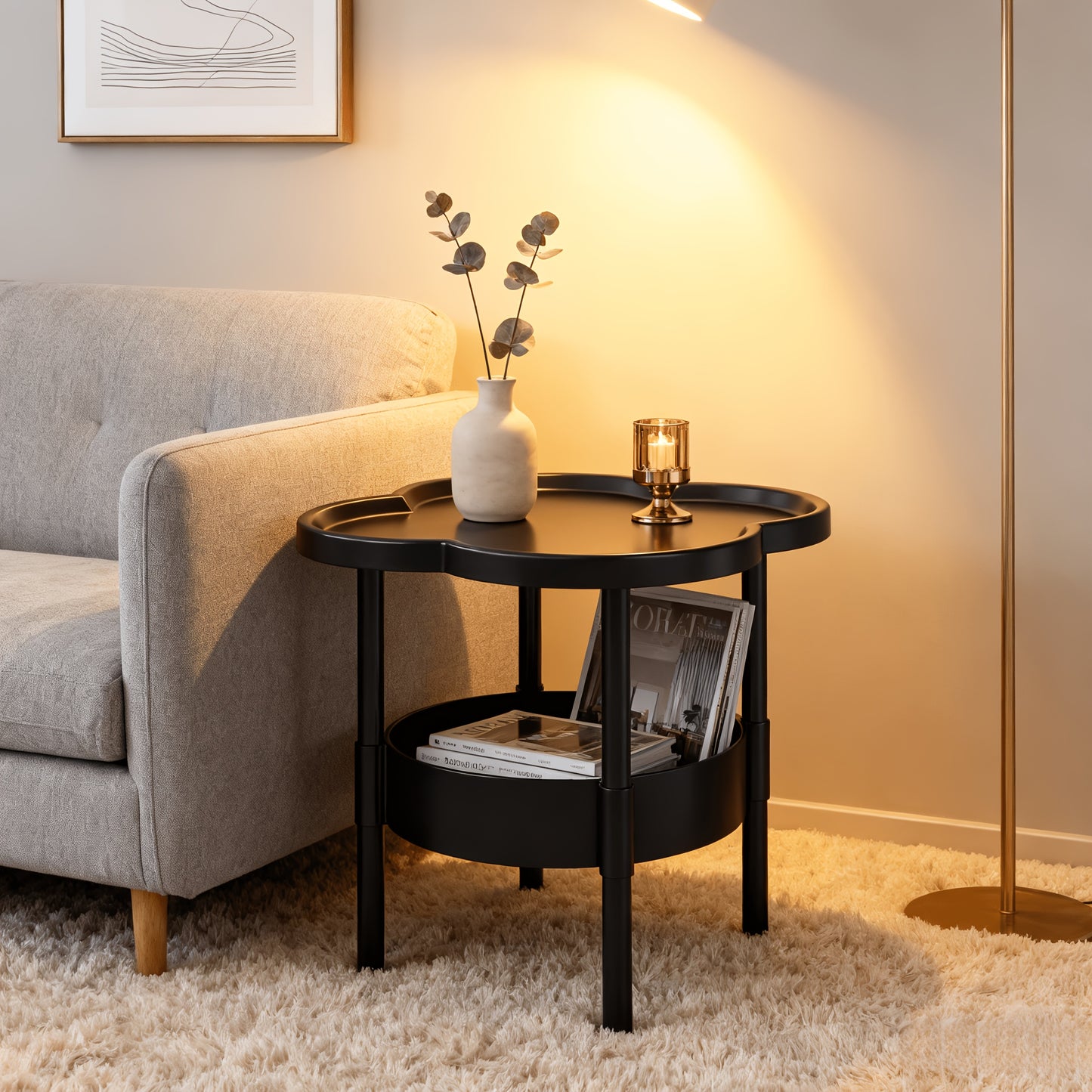 2-Tier Round Flower Shaped Side Table with Lower Shelf - Space-Saving Compact Design for Small Spaces, Easy Assembly Lightweight Durable Plastic Construction, Ideal for Living Room, Bedroom, Office - Ideal Gift for Home Decor