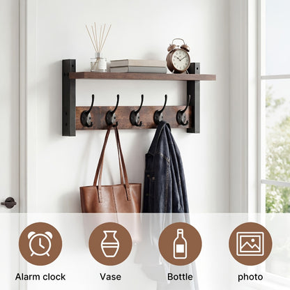 Wall-Mounted Coat Rack with Shelf & Hooks Heavy Duty Industrial Metal, Rustproof Entryway Organizer Multi-Tier Storage for Hallway Mudroom Porch, No Assembly Required Vintage Style