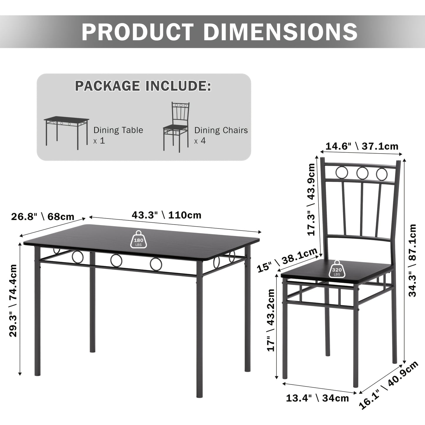 Dining Table Set for Small Spaces, Kitchen Table And Chairs Set Of 4, 5pcs Modern Dinette Furniture with Wood And Metal Frames, Brown/Black/Gray