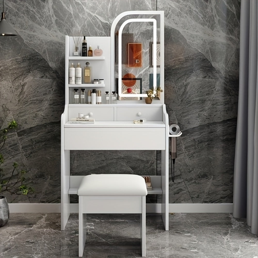 Vanity Dressing Table with Sliding Mirror & Cushioned Stool | 4 Drawers, 3 Shelves, Mirror Cabinet, White Bedroom Makeup Desk for Small Spaces